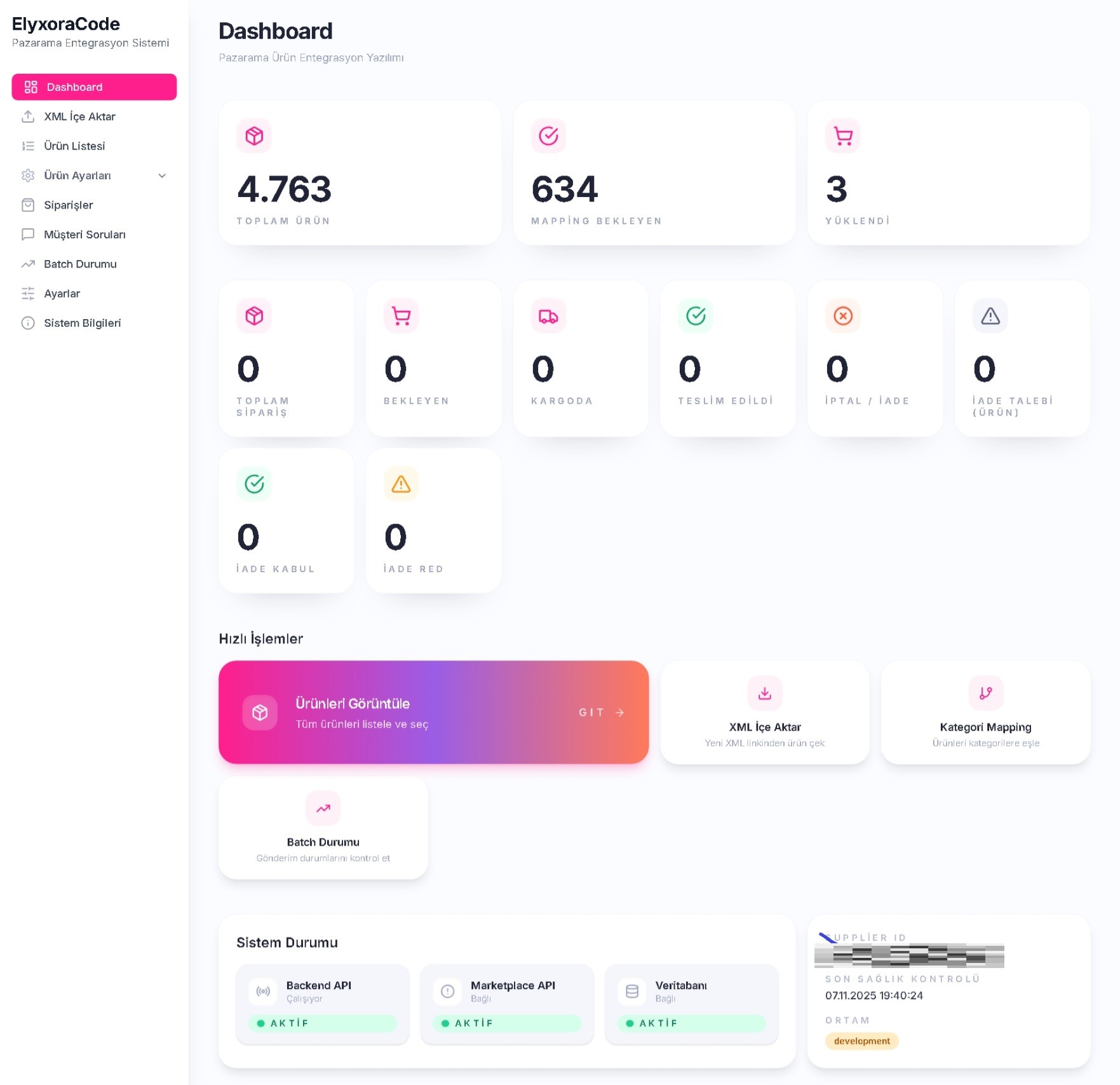 Pazarama Entegrasyon Paneli ekran görüntüsü
